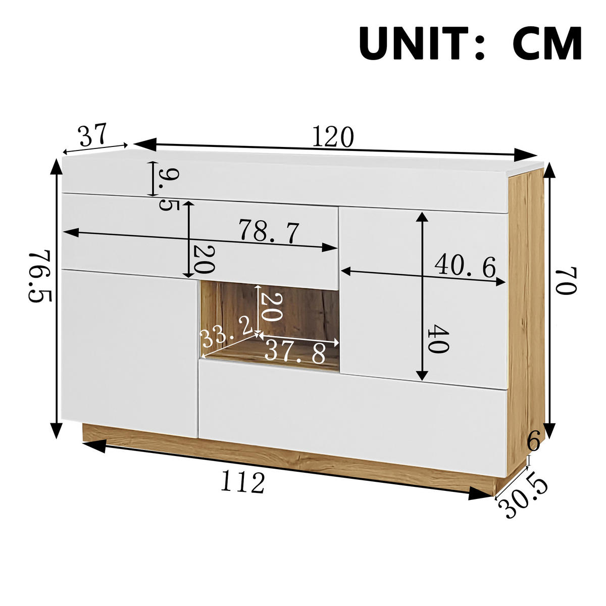 SIDEBOARD Hochglanz LED Vitrine Schubladen modern - Weiß, Holzwerkstoff (37/76.5/120cm) - FLIEKS