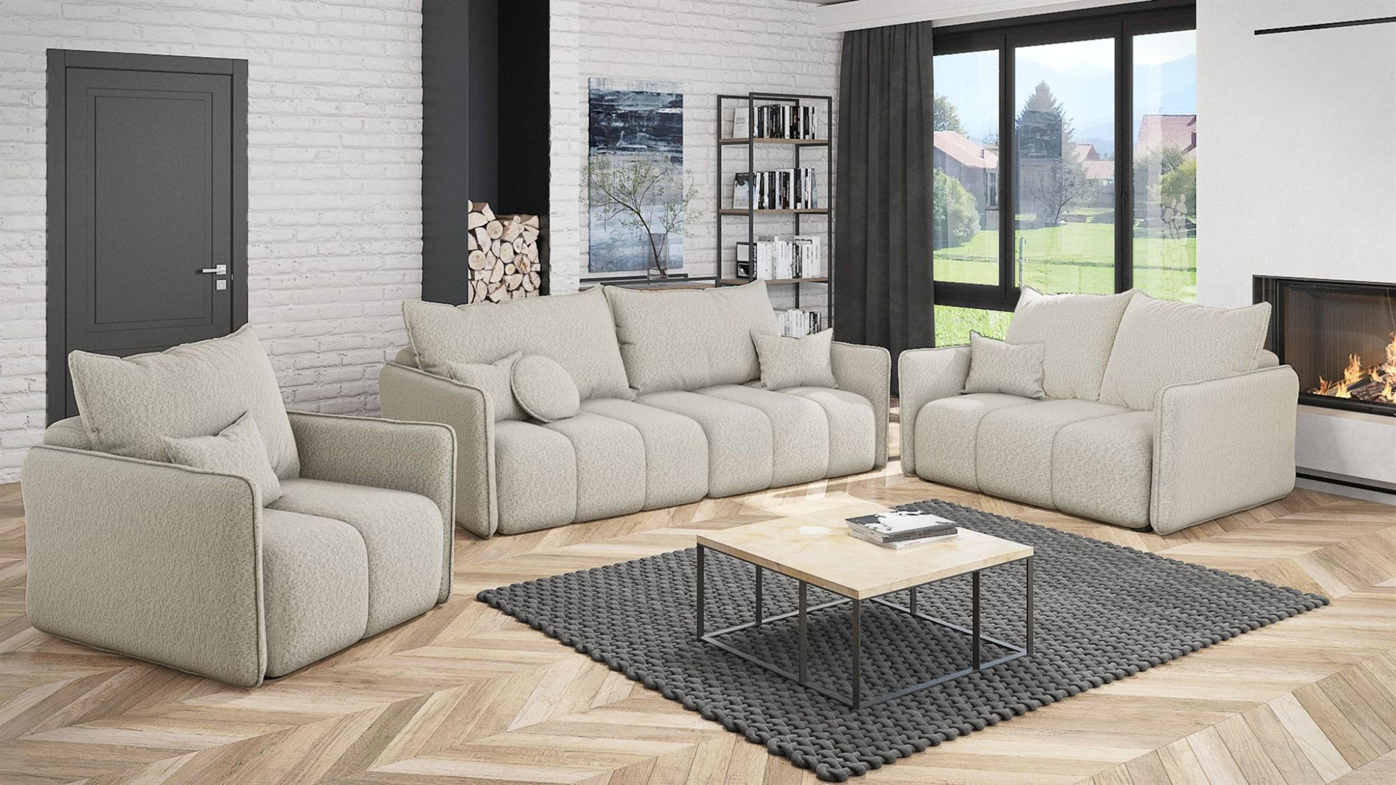 SOFASET Morgano 3-2-1 - Creme, Holzwerkstoff/Textil (216/86/102cm) - Fun Möbel