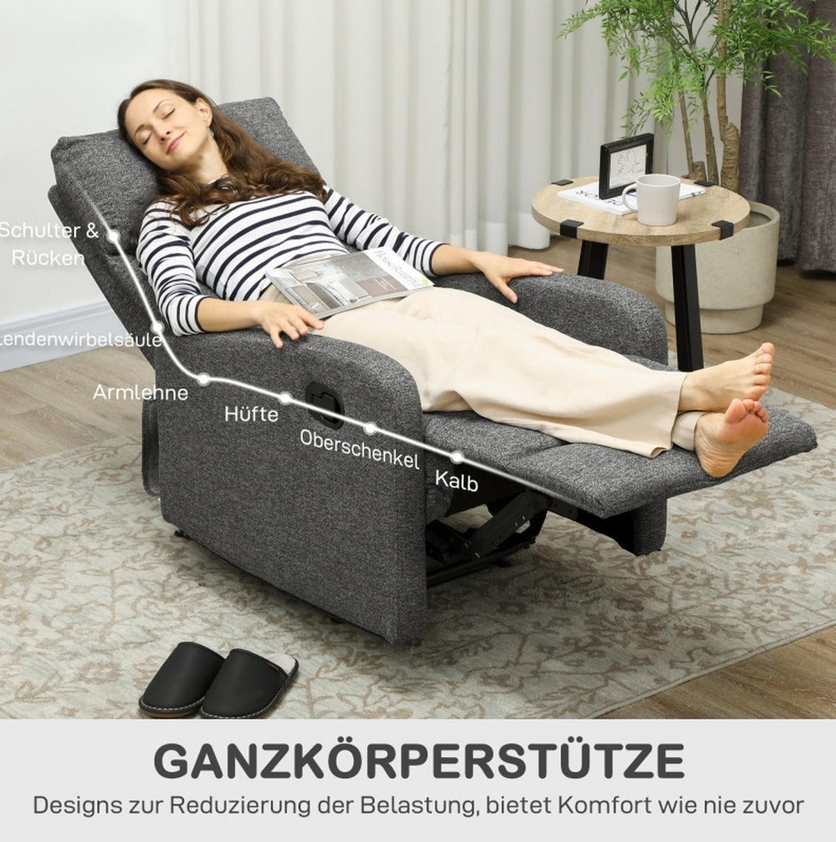 RELAXSESSEL 63/98/91 cm Dunkelgrau aus Polyester mit manuell verstellbarer Rückenlehne - Dunkelgrau, Textil (63/98/91cm) - OKMYHOME