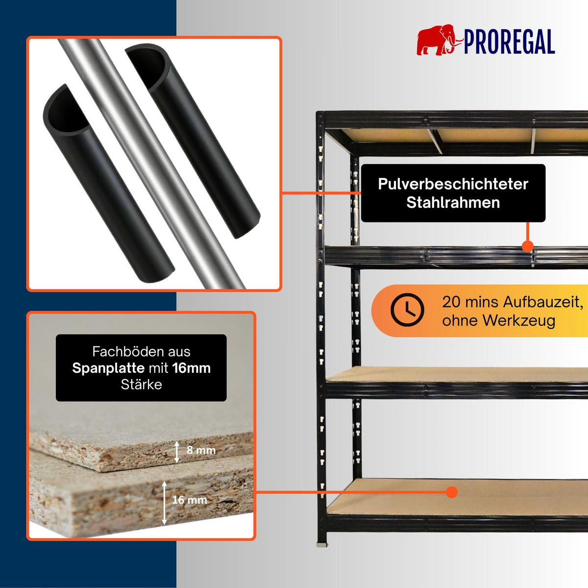 SCHWERLASTREGAL Rhino 200x200x60 cm 4 Spanplatten-Ebenen 16mm Fachlast 500 kg Schwarz - Schwarz, Metall (200/200/60cm) - PROREGAL