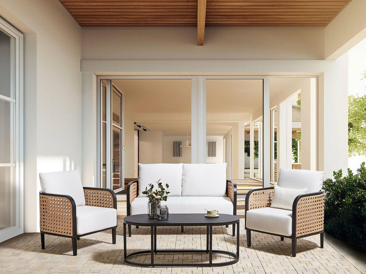 LOUNGE SET 4-Sitzer Aluminium schwarz Auflagen weiß Montefalco - Creme, Metall - Beliani