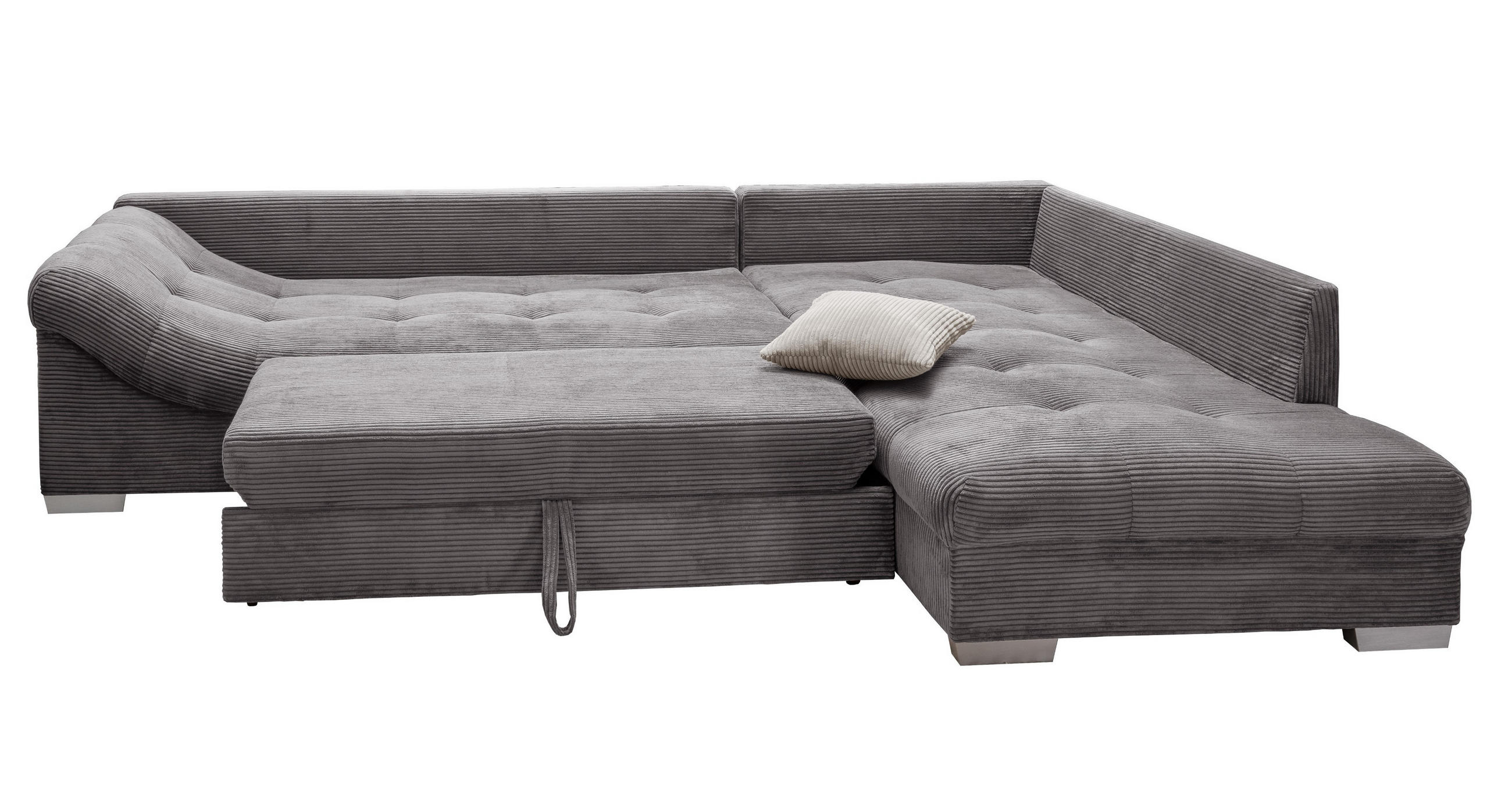 ECKSOFA mit Schlaffunktion, Wellenunterfederung, Ottomane rechts B298/T202/H84 cm, Liegefl. 154x227 cm, Cord Grau / 17201 - Beige/Silberfarben, Holz/Textil (298/202cm) - luma-home