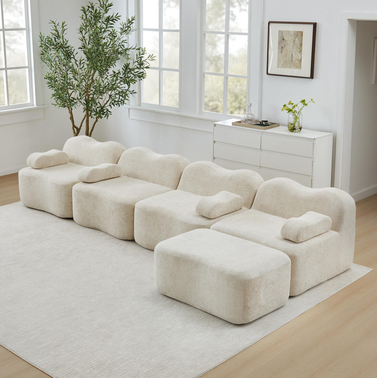 ECKSOFA 384/167/70 cm in Beige aus Samt mit Ottomane - Beige, Textil (167/384cm) - Flora Grace