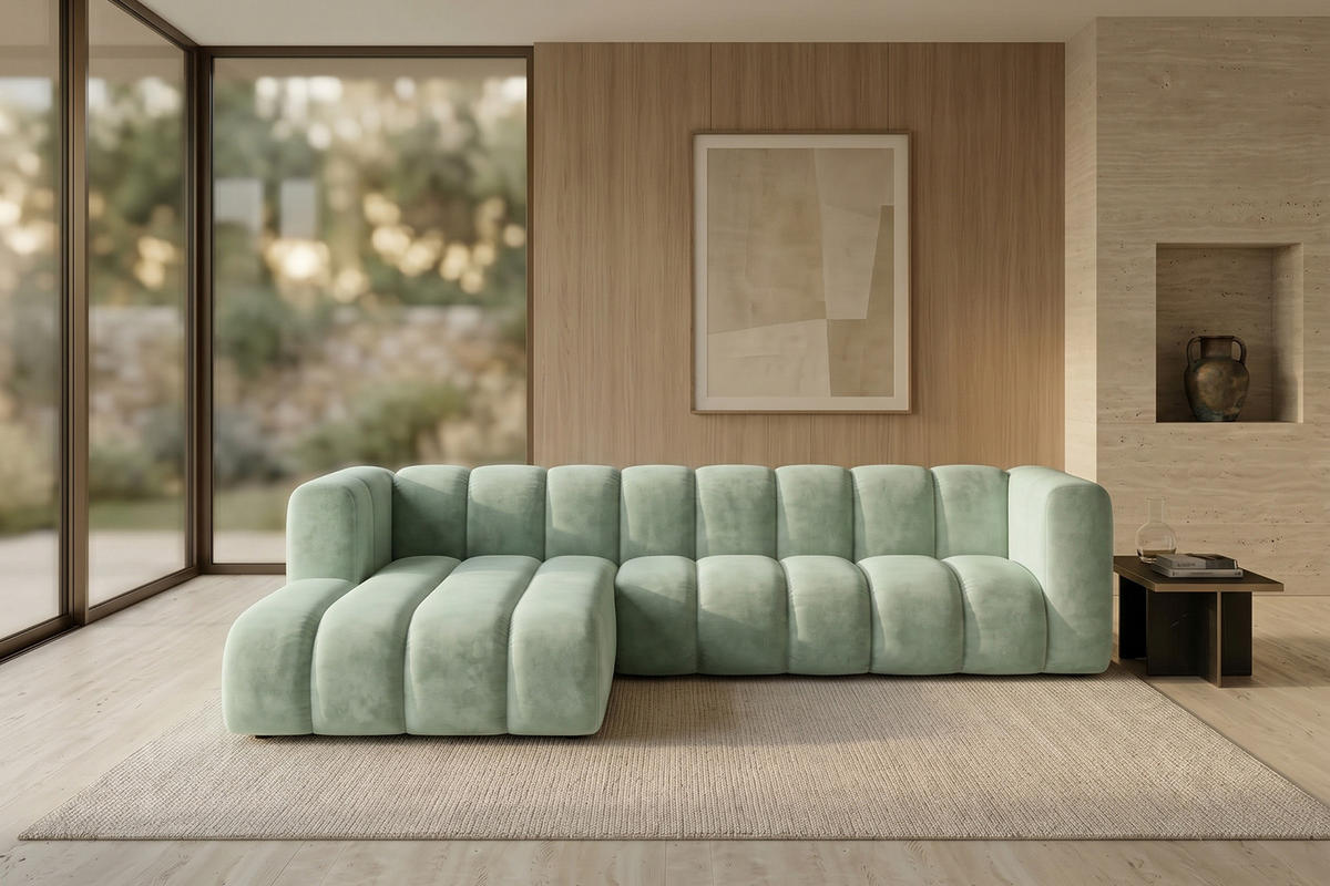 ECKSOFA Modulares In L-Form, Velvet-Stoff Riviera, Mintz, Links, GRAND 287 cm - Mintgrün, Holz (287/179cm) - Kaiser Möbel