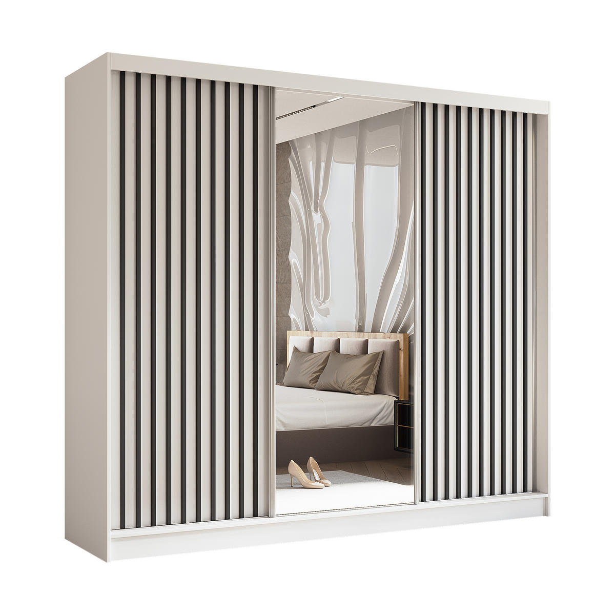 SCHWEBETÜRENSCHRANK LAMELLO 240/216/61 cm 3-türig mit Spiegel Weiß - Weiß, Holzwerkstoff (240/216/61cm) - MASSENO