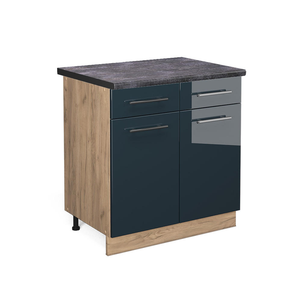 KÜCHENUNTERSCHRANK Fame-Line Dunkelblau Hochglanz 80 cm, AP Anthrazit - Eiche Wotan/Dunkelblau, Holzwerkstoff (80/82/60cm) - Vicco