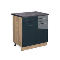 KÜCHENUNTERSCHRANK Fame-Line Dunkelblau Hochglanz 80 cm, AP Anthrazit - Honigeiche/Eiche Wotan, Holzwerkstoff (80/82/60cm) - Vicco
