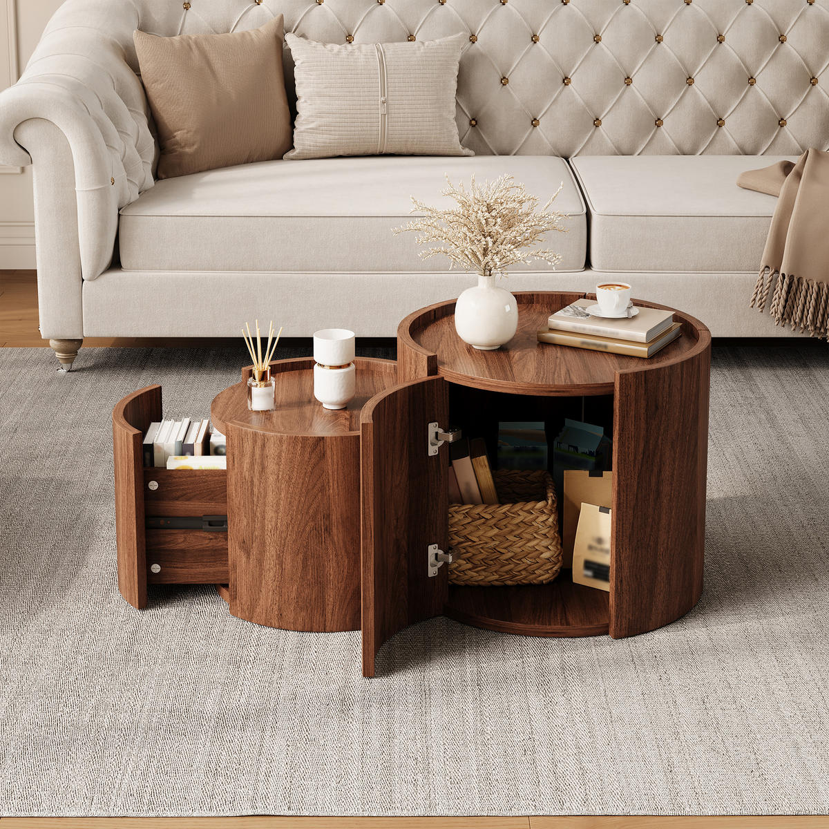 COUCHTISCH mit Stauraum, Schubladen, geschwungenen Türen - Walnussfarben, Holzwerkstoff (47.5/77.5/40cm) - FLIEKS