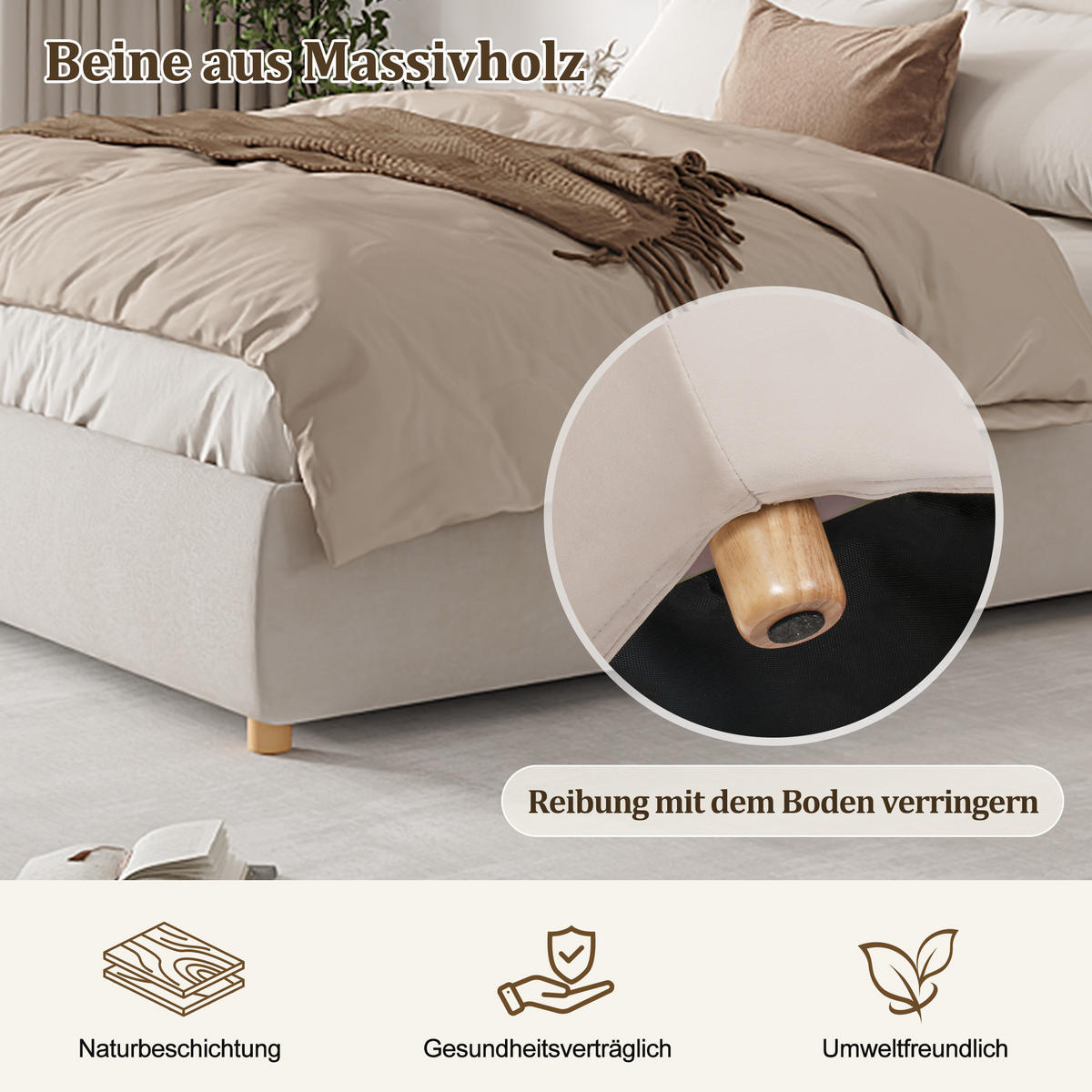 POLSTERBETT Creme Samt 180x200 Hydraulik Stauraum Massivholz - Creme, Textil (180/200cm) - FLIEKS