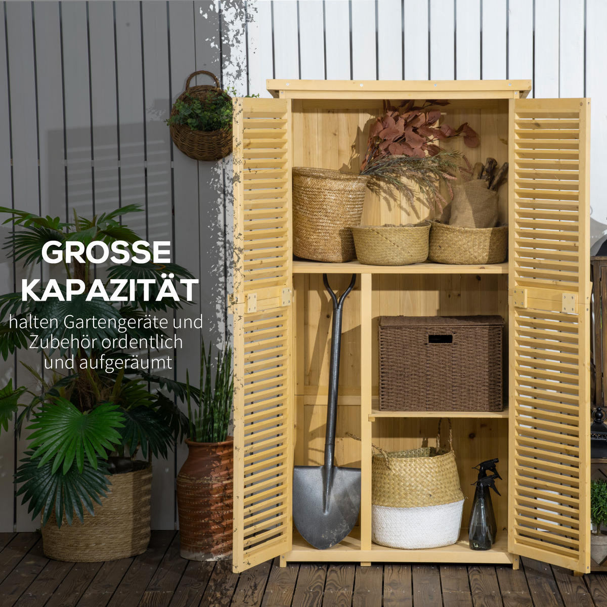 GARTENSCHRANK Geräteschrank, Holz Geräteschuppen, mit Asphaltdach, 4 Fächer, Natur - Fichtefarben, Holz (465/160/87cm) - Outsunny