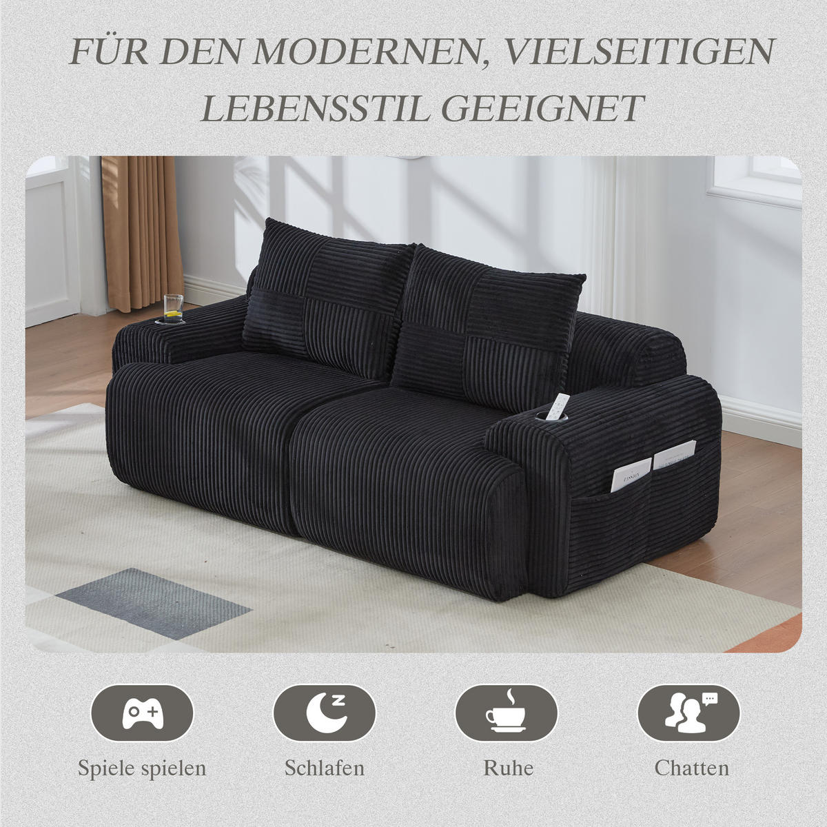 2-SITZER Cordsofa modular mit Getränkehalter und Seitentasche 200/99/80 cm Schwarz - Schwarz, Textil (99/80/200cm) - Redom