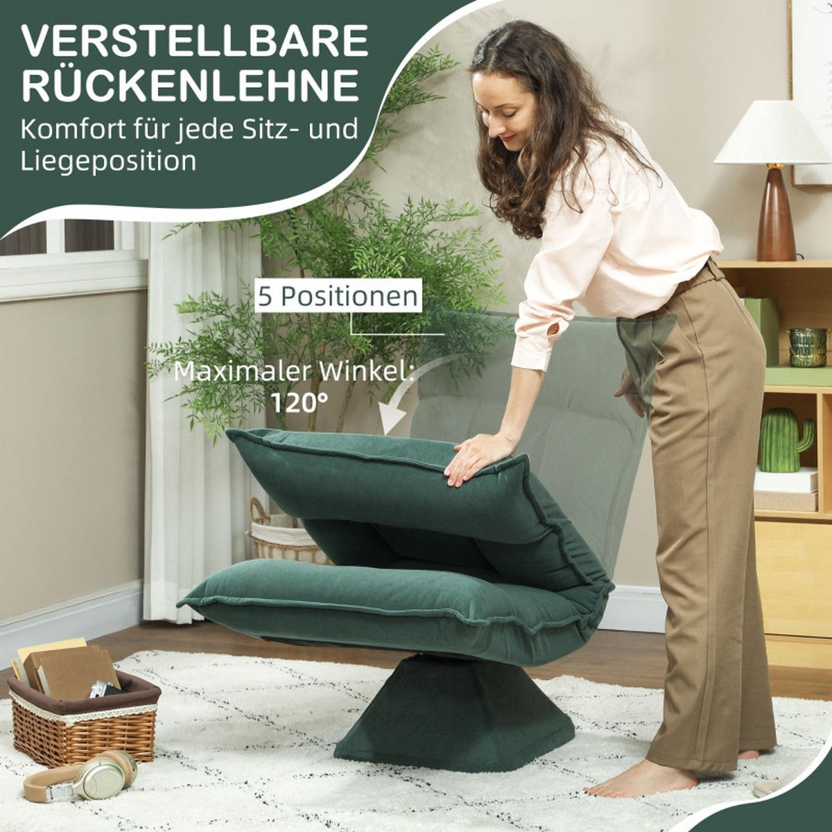 BODENSTUHL Polyester mit 360° Drehfunktion, 5-fach verstellbarer Rückenlehne 70/62/95 cm Grün - Grün, Textil (62/95/70cm) - Redom