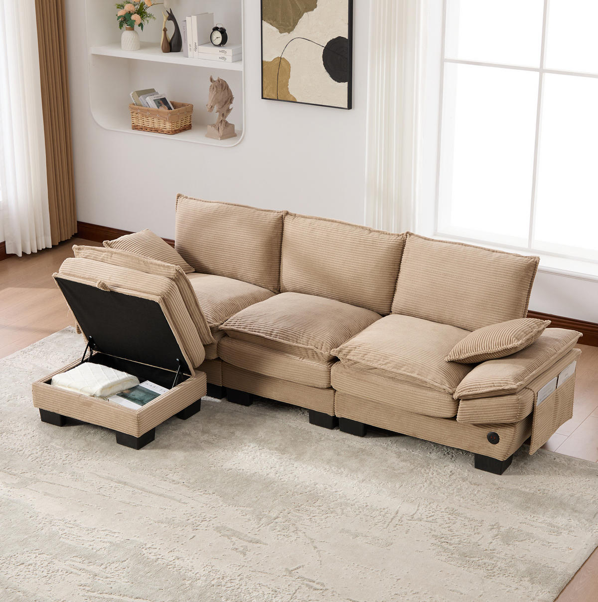 MODULÁRNÍ 3místná pohovka z manšestru 260x132x84 cm khaki s taburetem, USB-C portem a bočními kapsami - béžová, textil (132/260cm) - Modfu