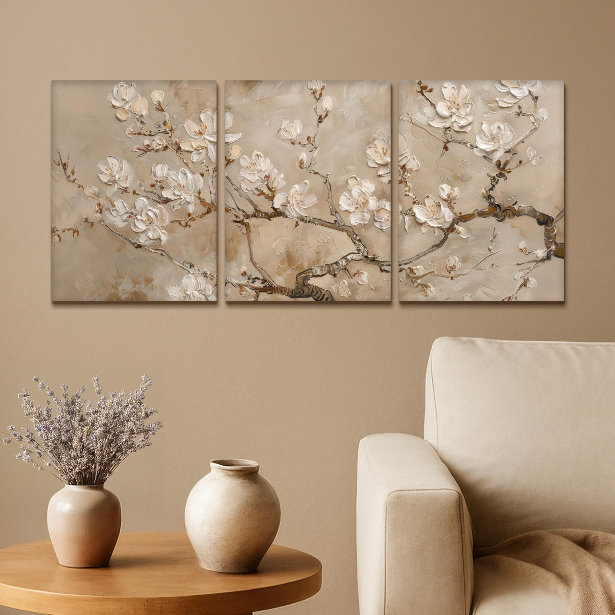 LEINWANDBILD 3er Set Beige - Blüte - Modern 90x40 cm - Greige, Textil (90/40cm) - MuchoWow