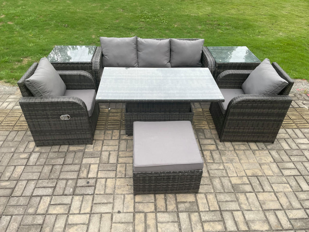 SITZGRUPPE GARTENSET Polyrattan Outdoor 6-Sitzer - Dunkelgrau/Grau, Glas/Kunststoff - Fimous