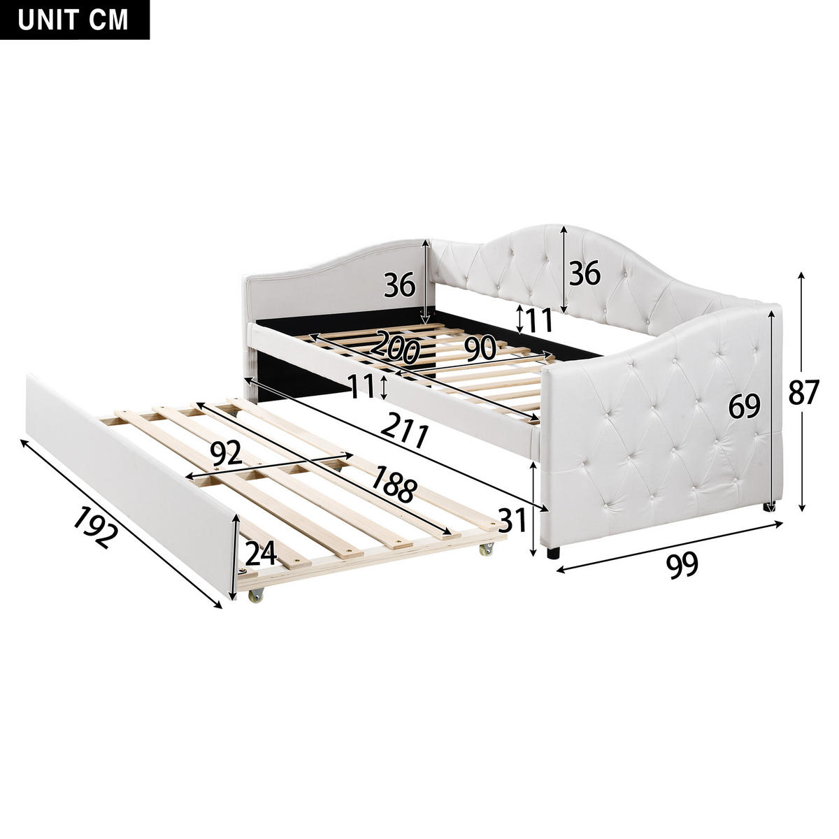 TAGESBETT 90/200 cm Beige mit ausziehbarem Bett aus Leinen - Beige, Textil (90/200cm) - OKWISH