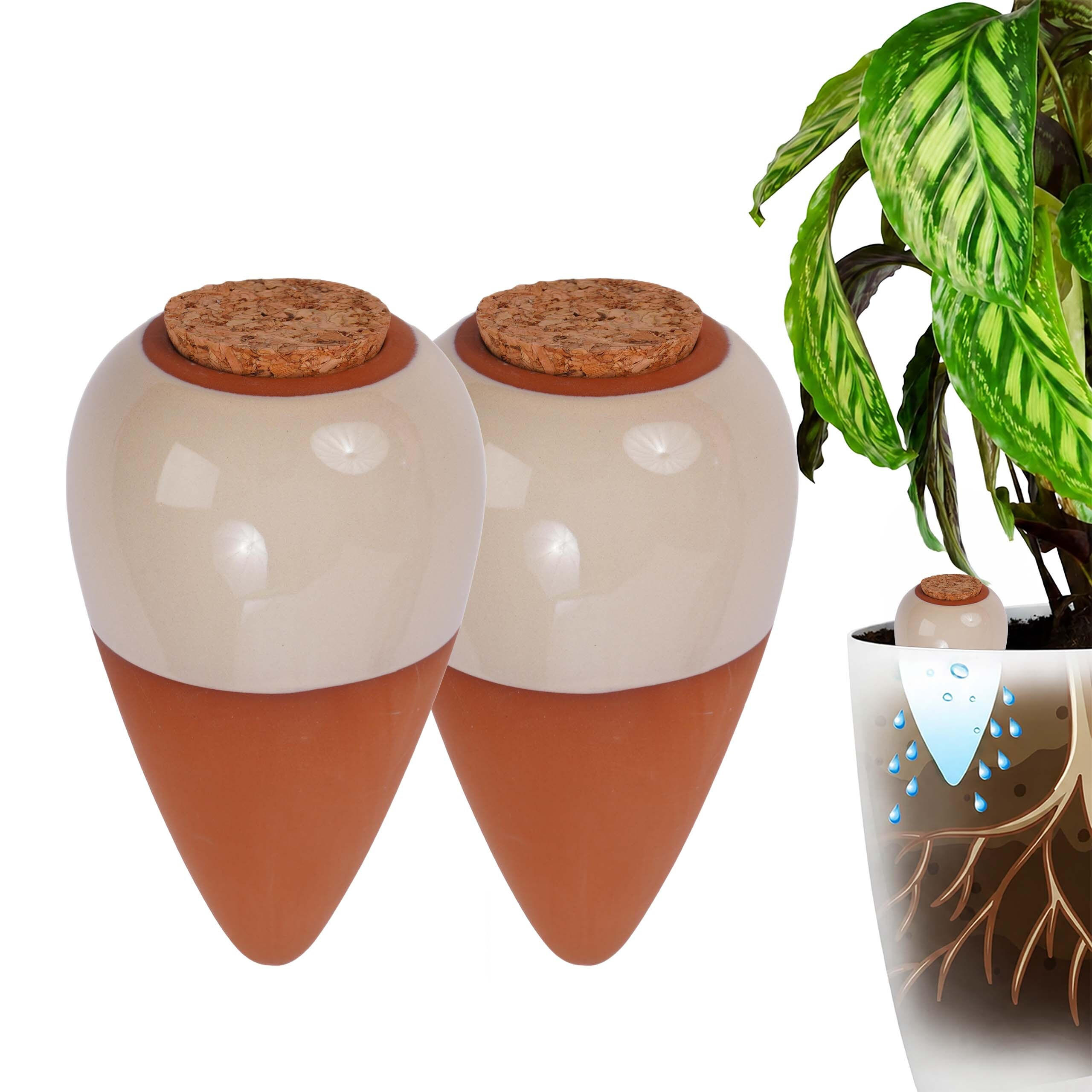 BEWÄSSERUNGSKEGEL Beige 2er-Set Keramik Kork 350 ml - Multicolor, Naturmaterialien/Keramik (8/16/8cm) - Relaxdays