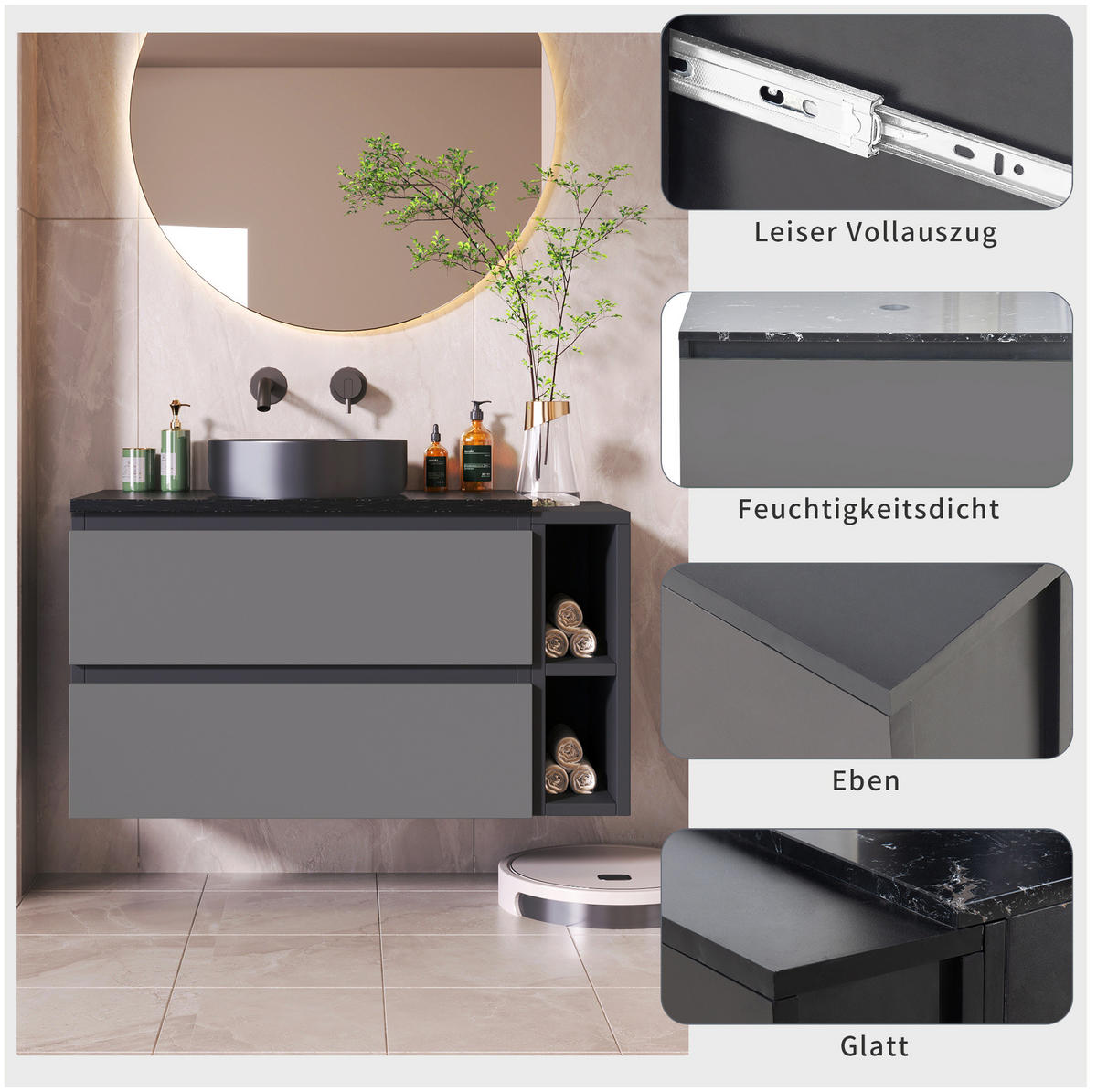 WASCHTISCHKOMBI 80/44/48 cm schwarz/grau aus MDF mit Marmorplatte, Keramikbecken und Schubladen - Schwarz, Holzwerkstoff (80/48.5/44cm) - OKWISH
