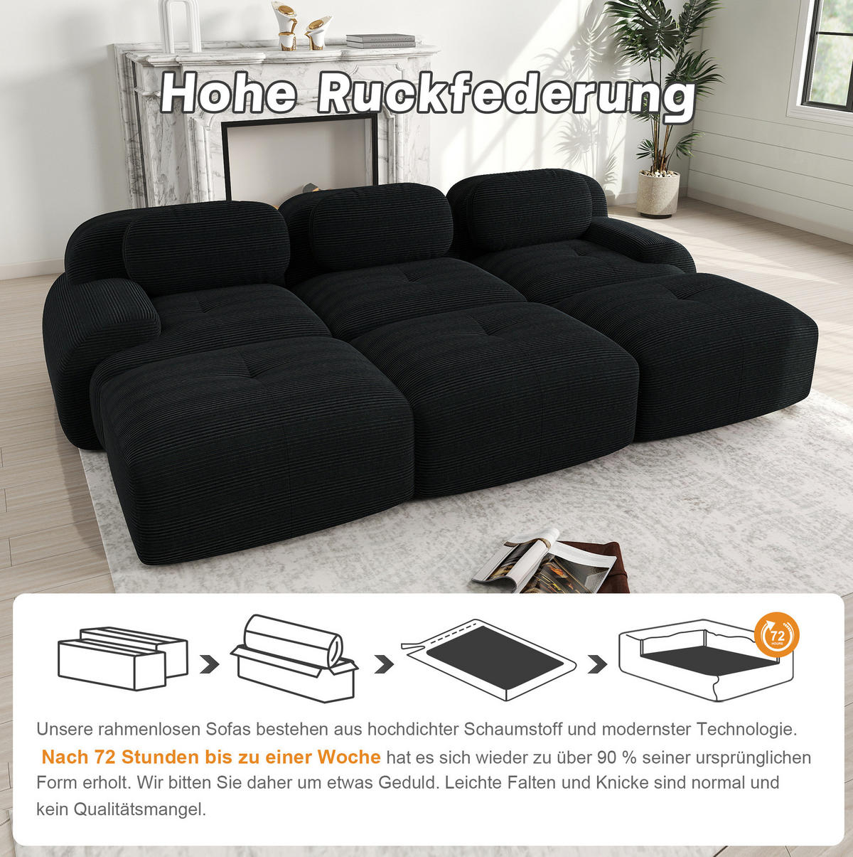 ECKSOFA 298/178/70 cm schwarz aus Cord modular und rahmenlos - Schwarz, Textil (178/298cm) - OKWISH