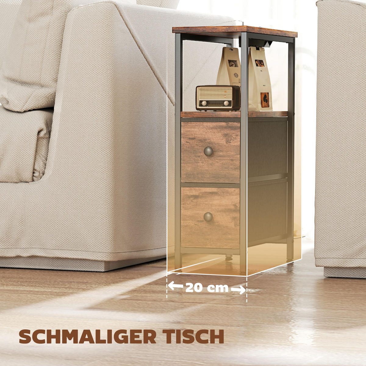 BEISTELLTISCH mit Schubladen Rustikalbraun 20/40/63 cm - Schwarz/Braun, Textil/Metall (40/20/63cm) - HOMCOM