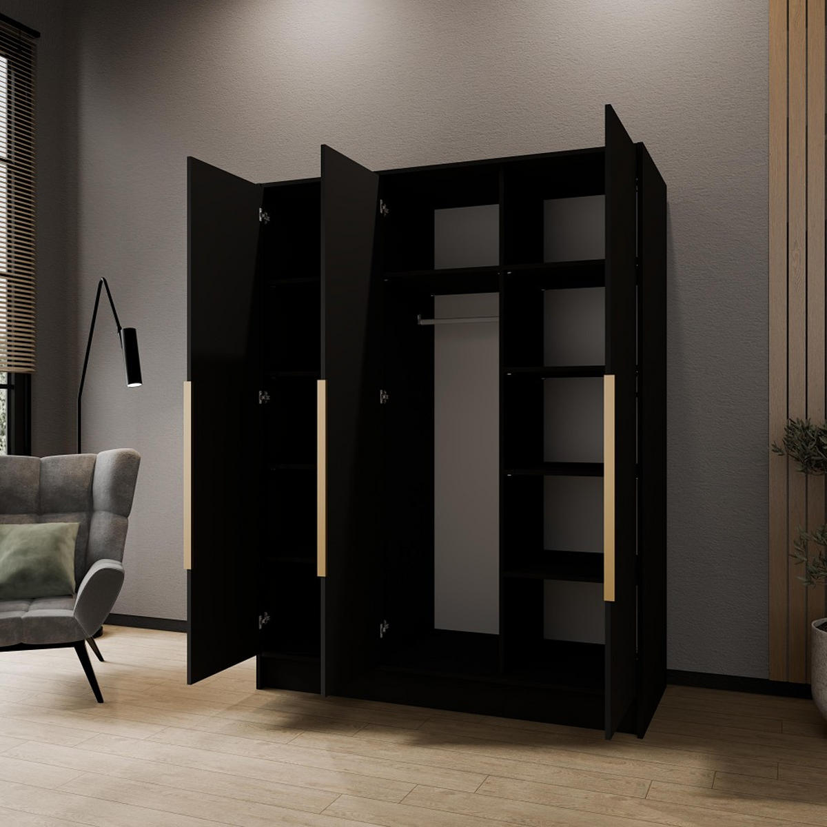 DREHTÜRENSCHRANK Pavia ohne Spiegel, Schwarz mit goldenen Griffen, 150 cm - Goldfarben/Schwarz, Holzwerkstoff (150/200/51cm) - Beautysofa