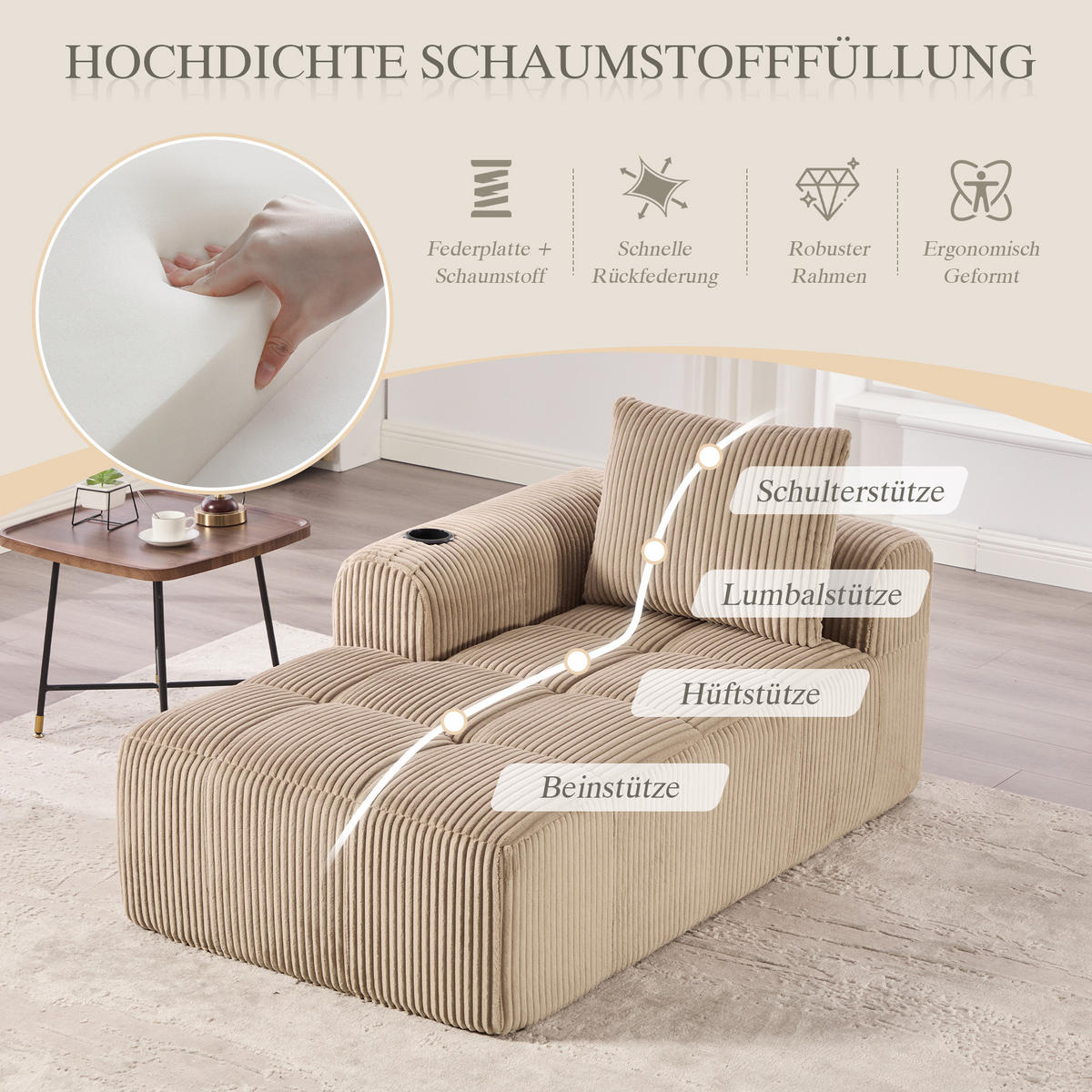CHAISELONGUE in Cord (158 cm) mit Getränkehalter & Seitentaschen - Taupe, Textil (158/61/93cm) - Urban Meuble