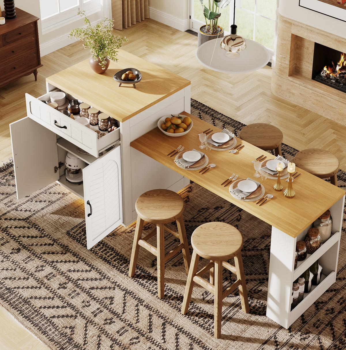 KÜCHENINSEL aus MDF und Metall 80x70x95,5 cm Weiß mit Ausziehtisch, 2 Schubladen, 4 Türen und Weinregal - Weiß, Holzwerkstoff (80/95.5/70cm) - Modfu