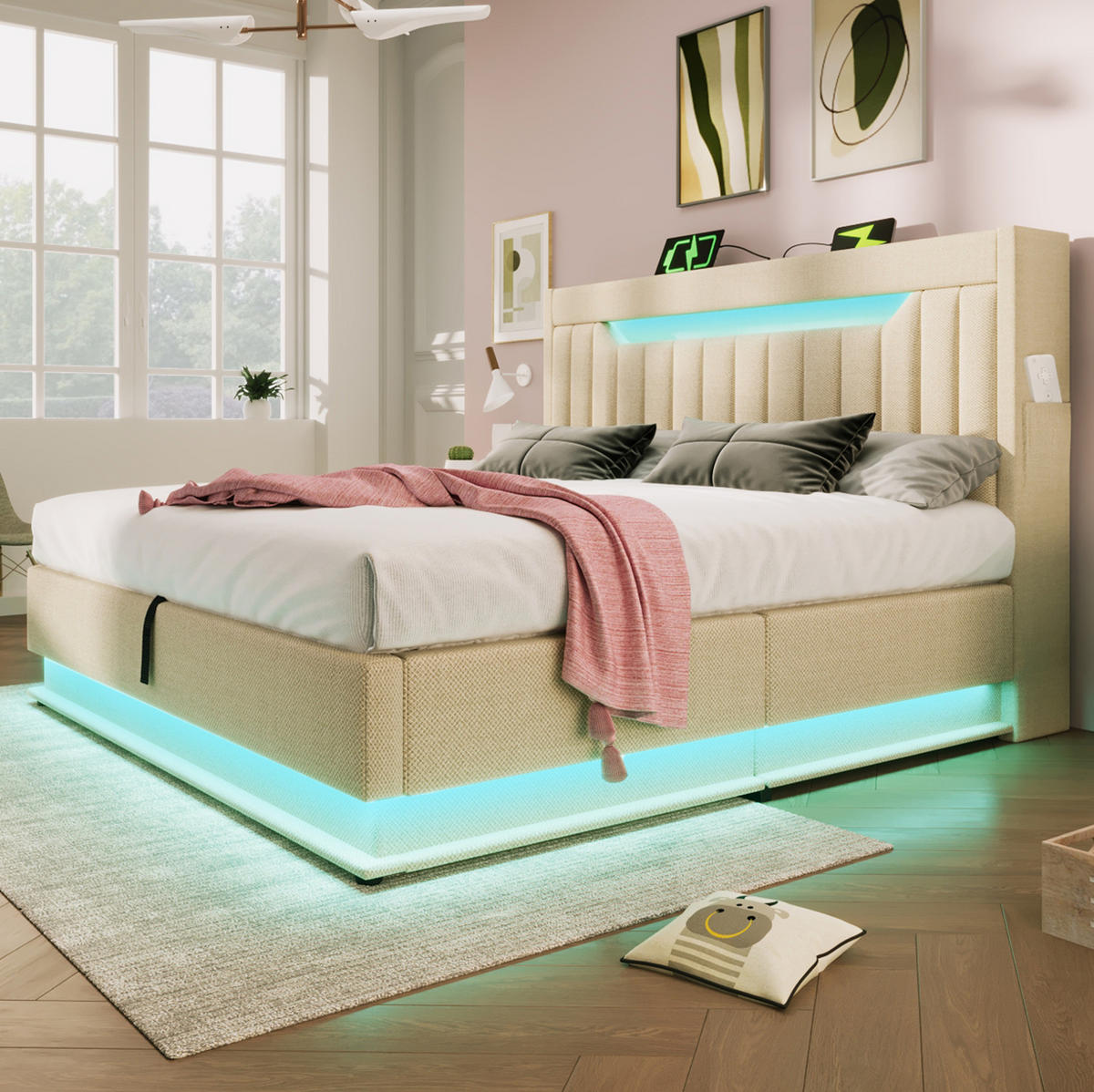 POLSTERBETT mit Stauraum, LED und USB 140x200 cm Beige Leinen - Beige, Metall (140/200cm) - Meubliv