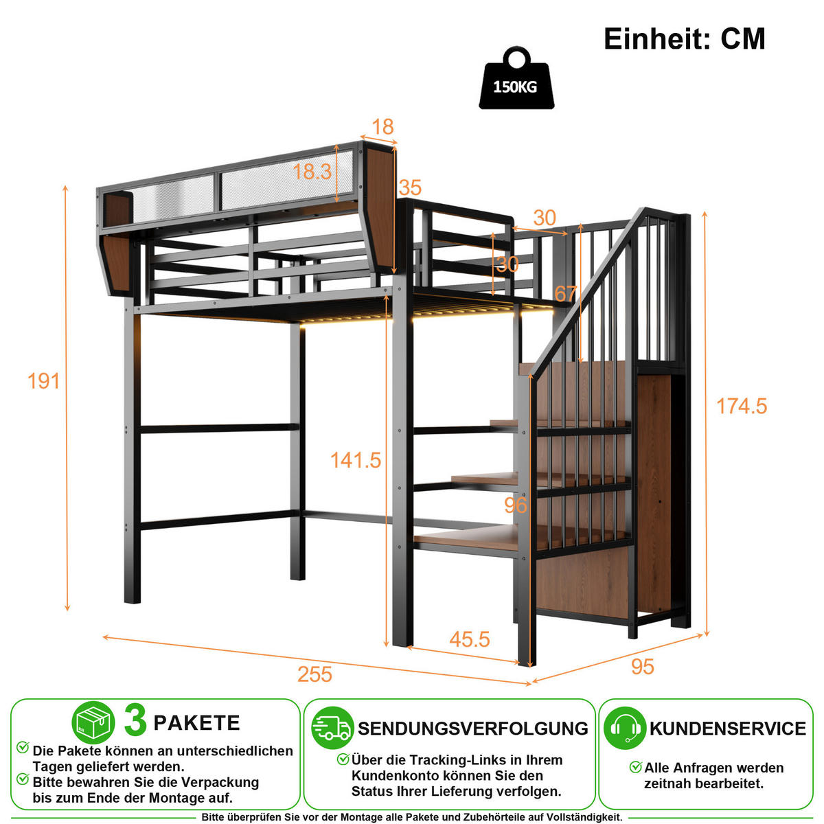 HOCHBETT 90/200 cm in Schwarz mit LED und Sicherheitsleiter - Schwarz, Holzwerkstoff/Metall (90/200cm) - CHICFURN