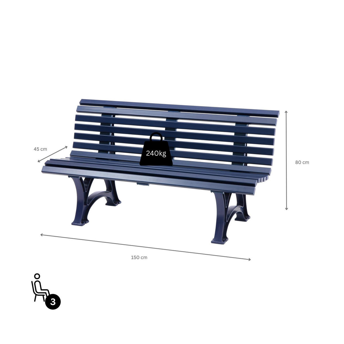GARTENBANK Jamaika 3 Sitzer Blau 80 x 150 x 64 cm Witterungskunststoff & UV Beständiger Kunststoff - Blau, Kunststoff (150/80/64cm) - PROREGAL