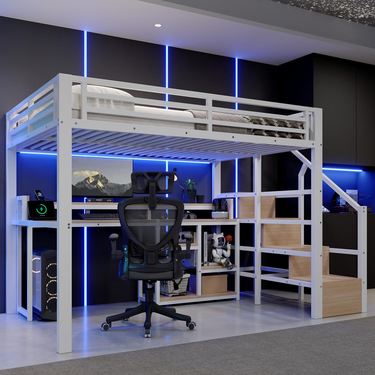 HOCHBETT 140/200 cm mit Leiterschrank und LED, DE-41996, in Weiß - Weiß, Metall (140/200cm) - ComfortXL