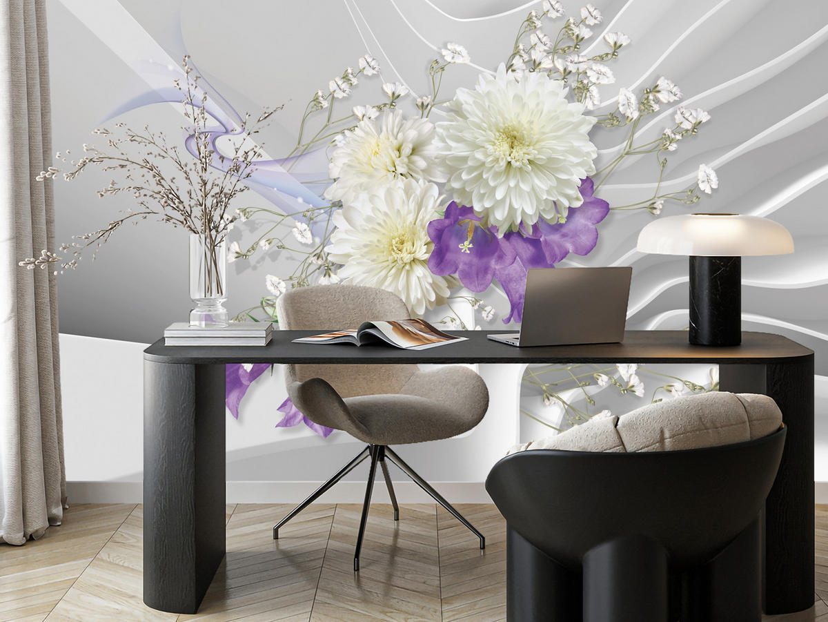 FOTOTAPETA Pre Obývaciu Izbu BLUMEN Abstraktné Vlnité Priestorové Pozadie 250 x 175 cm - sivá/biela, papier (250/175cm) - Muralo