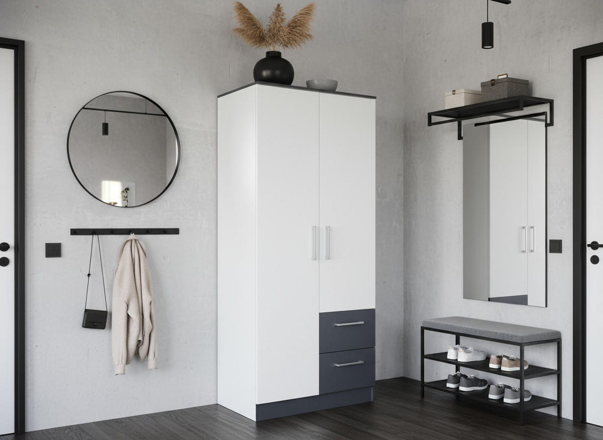 KLEIDERSCHRANK 90/201/54 cm Weiß Anthrazit mit Drehtüren - Anthrazit/Silberfarben, Holzwerkstoff/Kunststoff (90/201/54cm) - arthur berndt