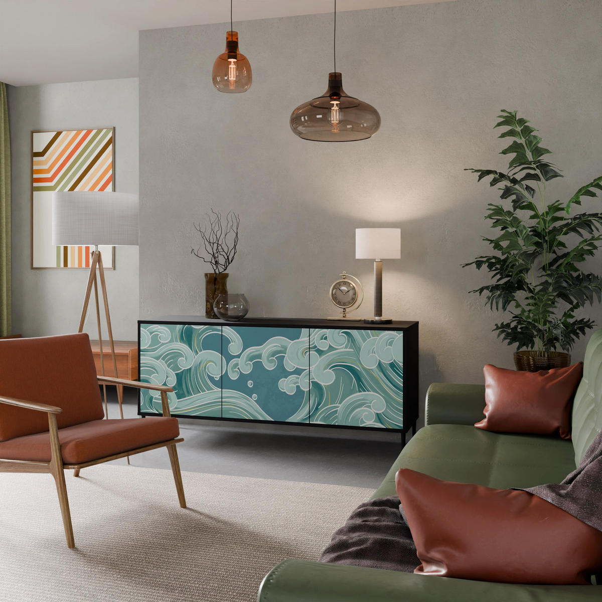 SIDEBOARD ASIAN SWAY, Eicheneffekt, 164,5x42x77,5 cm, 3 Türen - Eichefarben/Buchefarben, Holzwerkstoff/Buchenholz (164.5/77.5/42cm) - SpaceRebels