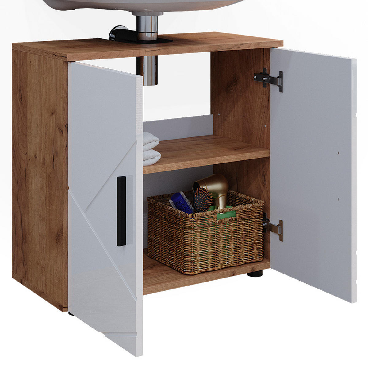 WASCHBECKENUNTERSCHRANK Irma Weiß Hochglanz/Goldkraft Eiche 60 x 59 cm - Weiß Hochglanz/Eiche Wotan, Holzwerkstoff (60/59/30cm) - Vicco