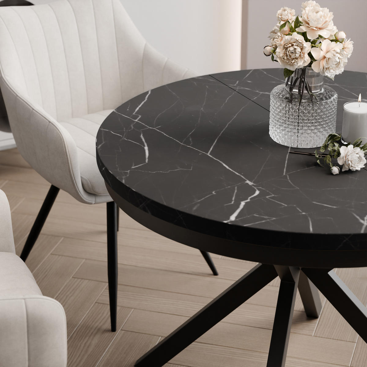AUSZIEHTISCH MILTON 90-166/76 cm mit Metallgestell, Schwarz / Grigia Pietra - Schwarz/Grau, Holzwerkstoff/Metall (90/90/76cm) - Idohome