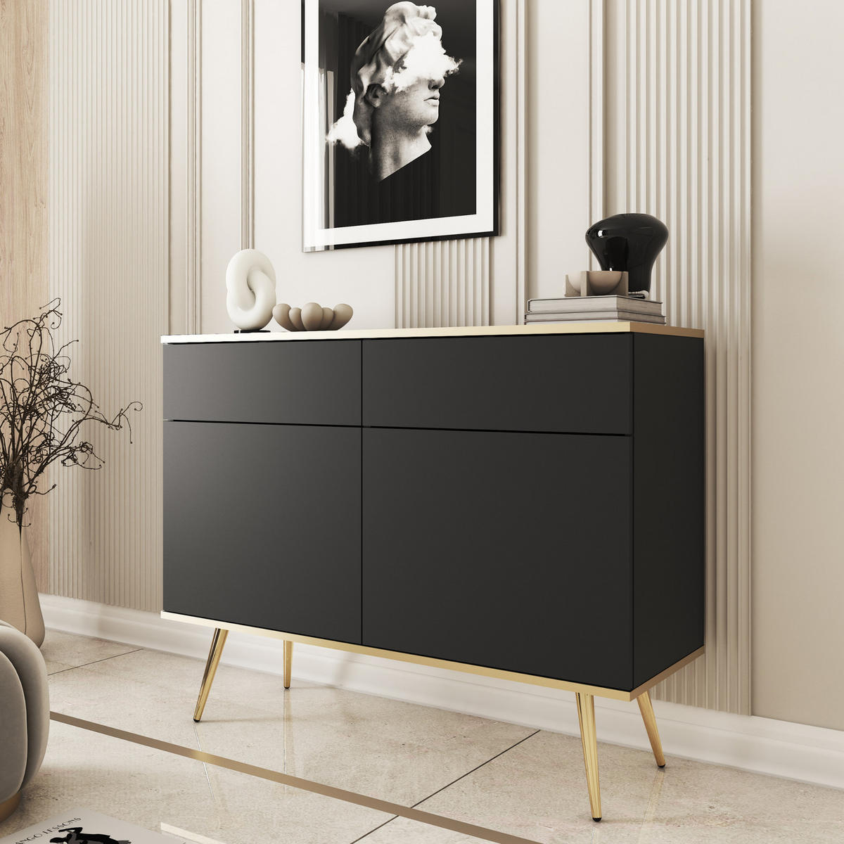 KOMMODE FORNO (Schwarz, Goldene Details, 2 Türen, 2 Schubladen, goldene Metallfüße) - Gelb/Goldfarben, Holz/Holzwerkstoff (107/85/39cm) - Ravio