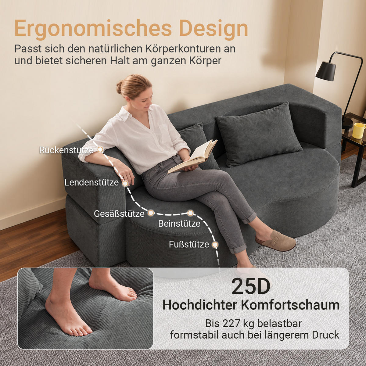 SOFA ausziehbar FST101-DG - Dunkelgrau/Ahornfarben, Fell/Textil (177/32/107cm) - SoBuy