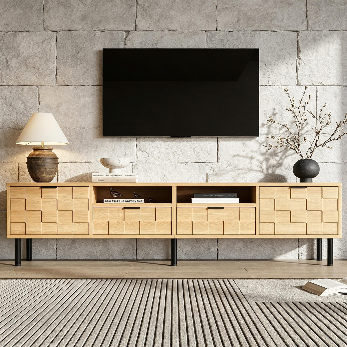 TV STOLEK v přírodní barvě se 2 zásuvkami a 2 otočnými dvířky do obývacího pokoje, 200×35×44,5 cm - přírodní/černá, kompozitní dřevo (200/44.5/35cm) - STILVORA