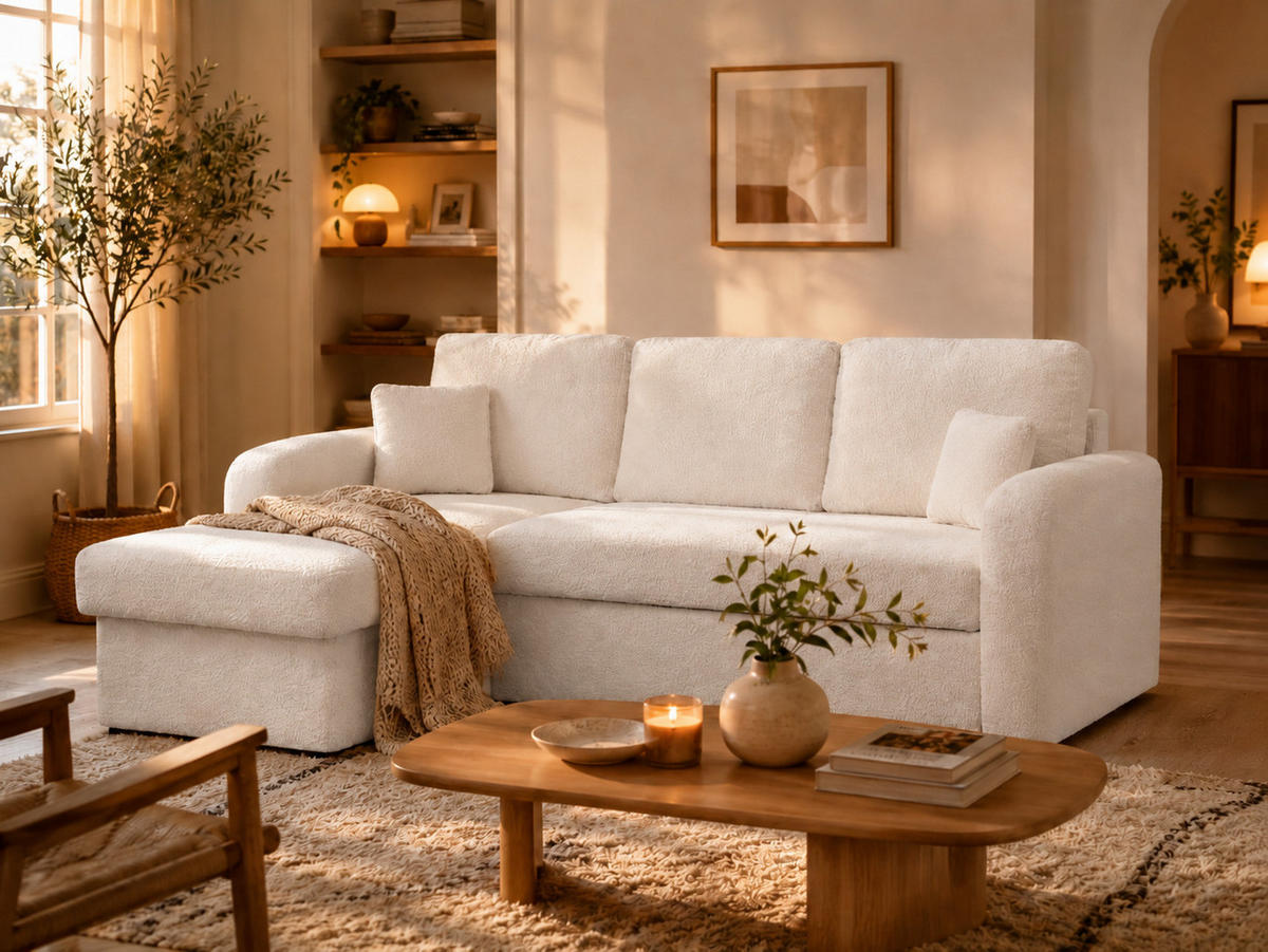 ECKSOFA BOSTON ecru mit Schlaffunktion und Bettkasten - Ecru/Schwarz, Kunststoff/Textil (227/145cm) - KS Home Concept