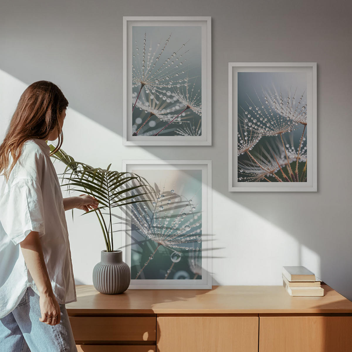 WANDBILDER 3er-Set - 40x60 cm Weißer Rahmen - Wassertropfen auf Löwenzahnsprossen - Weiß, Kunststoff (40/60cm) - ArtPrintCave