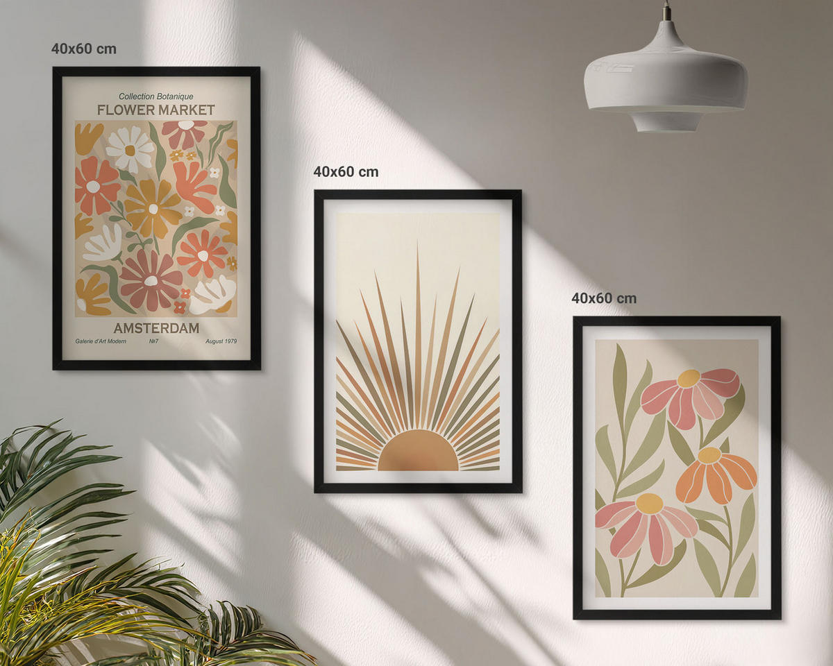 BILDER SET 3er Set - 40x60 cm Schwarzer Rahmen - Pastellfarbene Sonnenblumen - Schwarz, Kunststoff (40/60cm) - TULUP