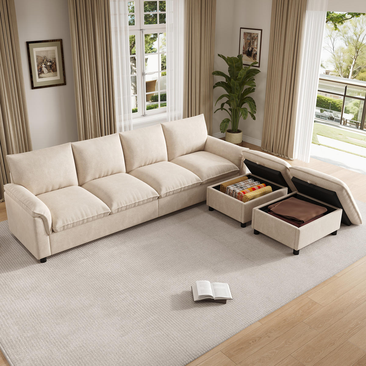 WOHNLANDSCHAFT 264.5/142.5/84 cm Beige mit 2 Aufbewahrungs-Ottomane - Beige, Textil (142.5/84/264.5cm) - Oxeza
