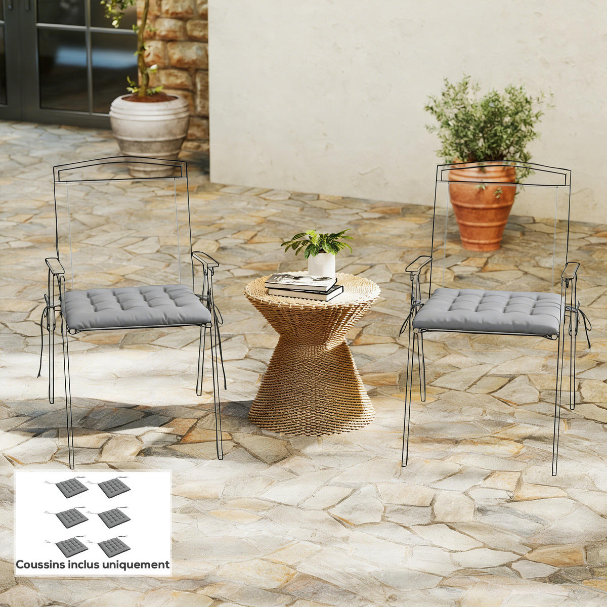 SITZKISSEN DE-17704 6er-Set mit Steppung & Bindebändern Grau - Grau, Textil (40/40/4cm) - ComfortXL