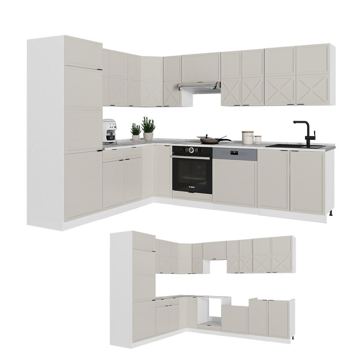 ECKKÜCHE Fame-Line GrauBeige/Weiß 227 x 60 cm ohne AP - Weiß/Grau, Holzwerkstoff (287/81.6/46cm) - Vicco