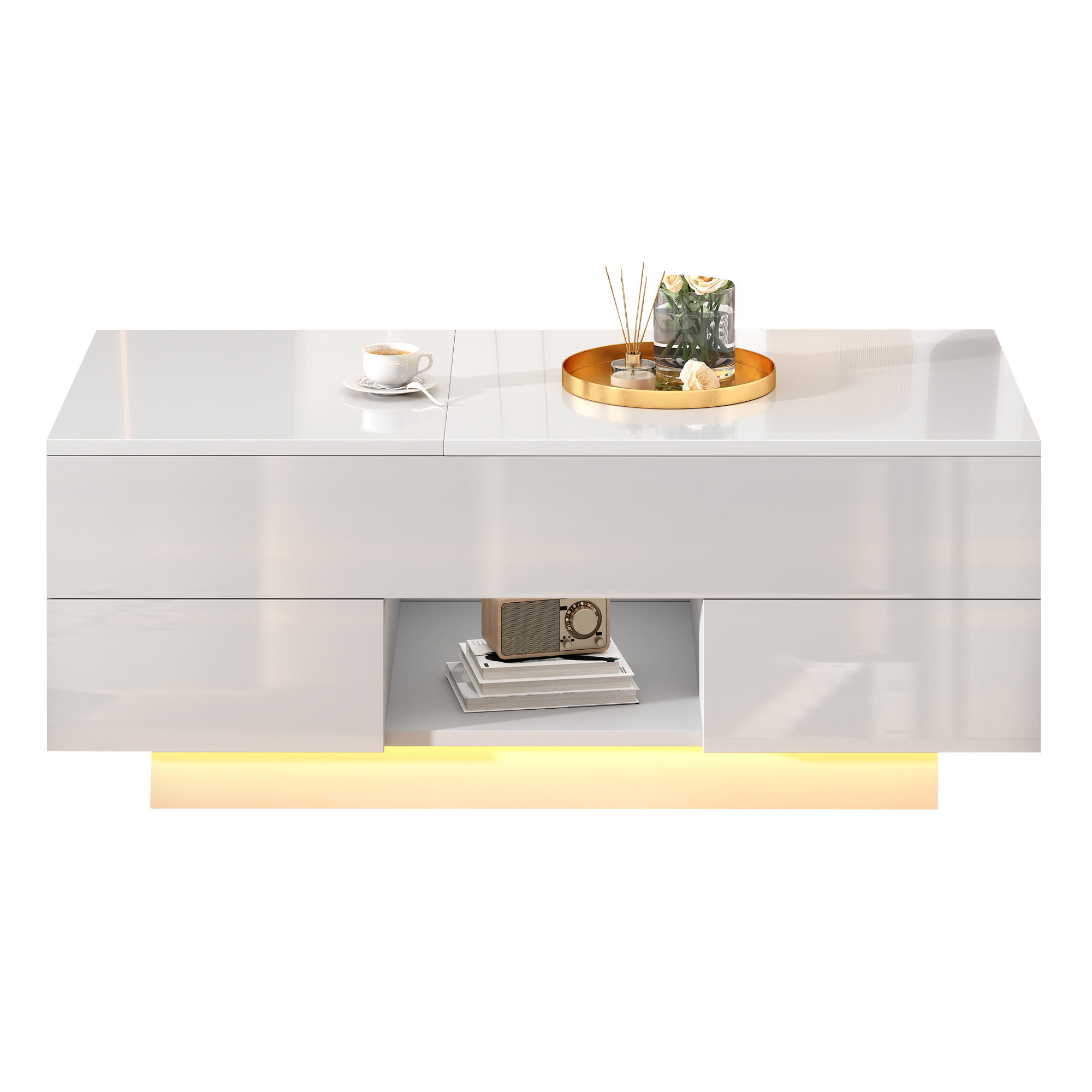 COUCHTISCH Weiß Hochglanz anhebbar mit LED und 2 Schubladen 100/45/43 cm - Weiß, Holzwerkstoff (45/100/43cm) - PANGIVO