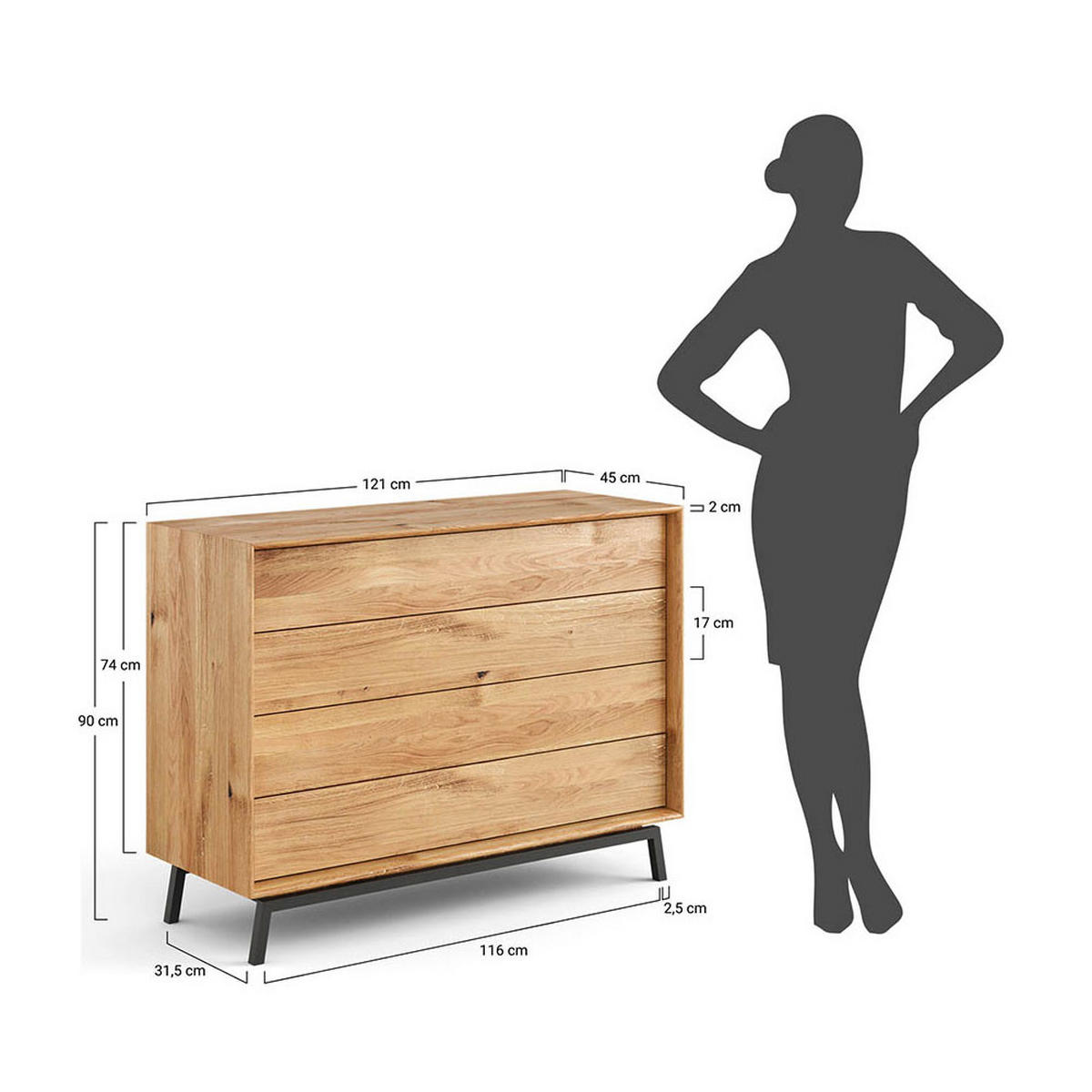 KOMMODE Modern Loft Eiche Natur 121 / 45 / 90cm - Eichefarben/Schwarz, Holz (121/90/45cm) - Feldmann-Wohnen
