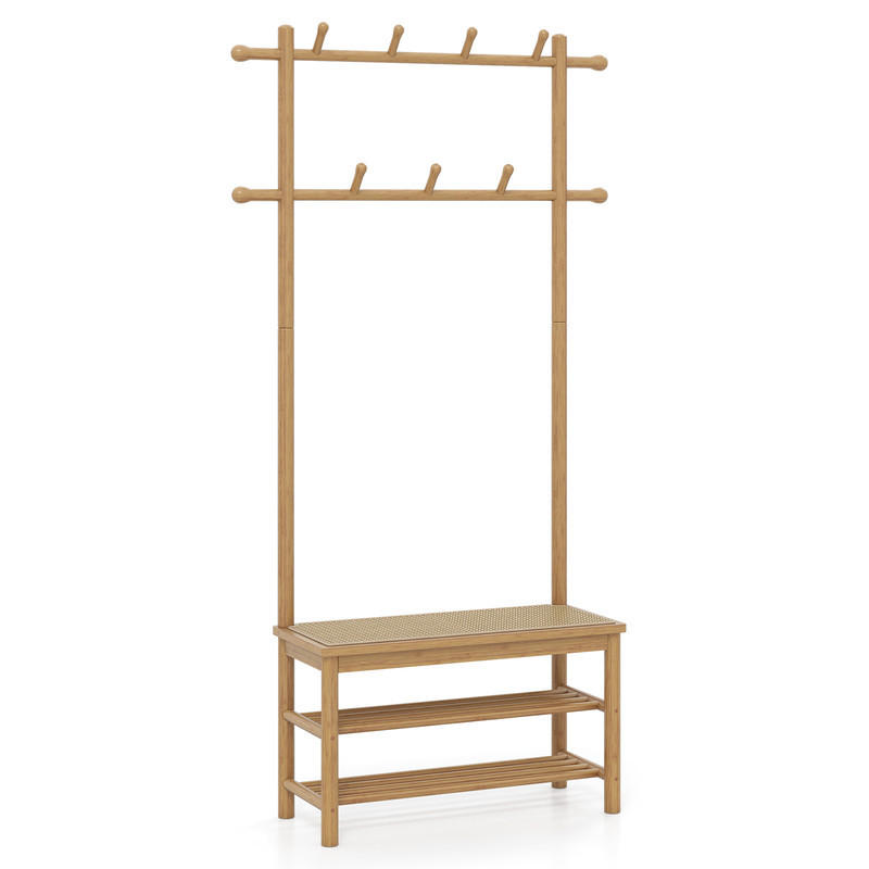 GARDEROBENSTÄNDER mit Schuhbank natur - Naturfarben, Naturmaterialien (71/169.5/30cm) - COSTWAY