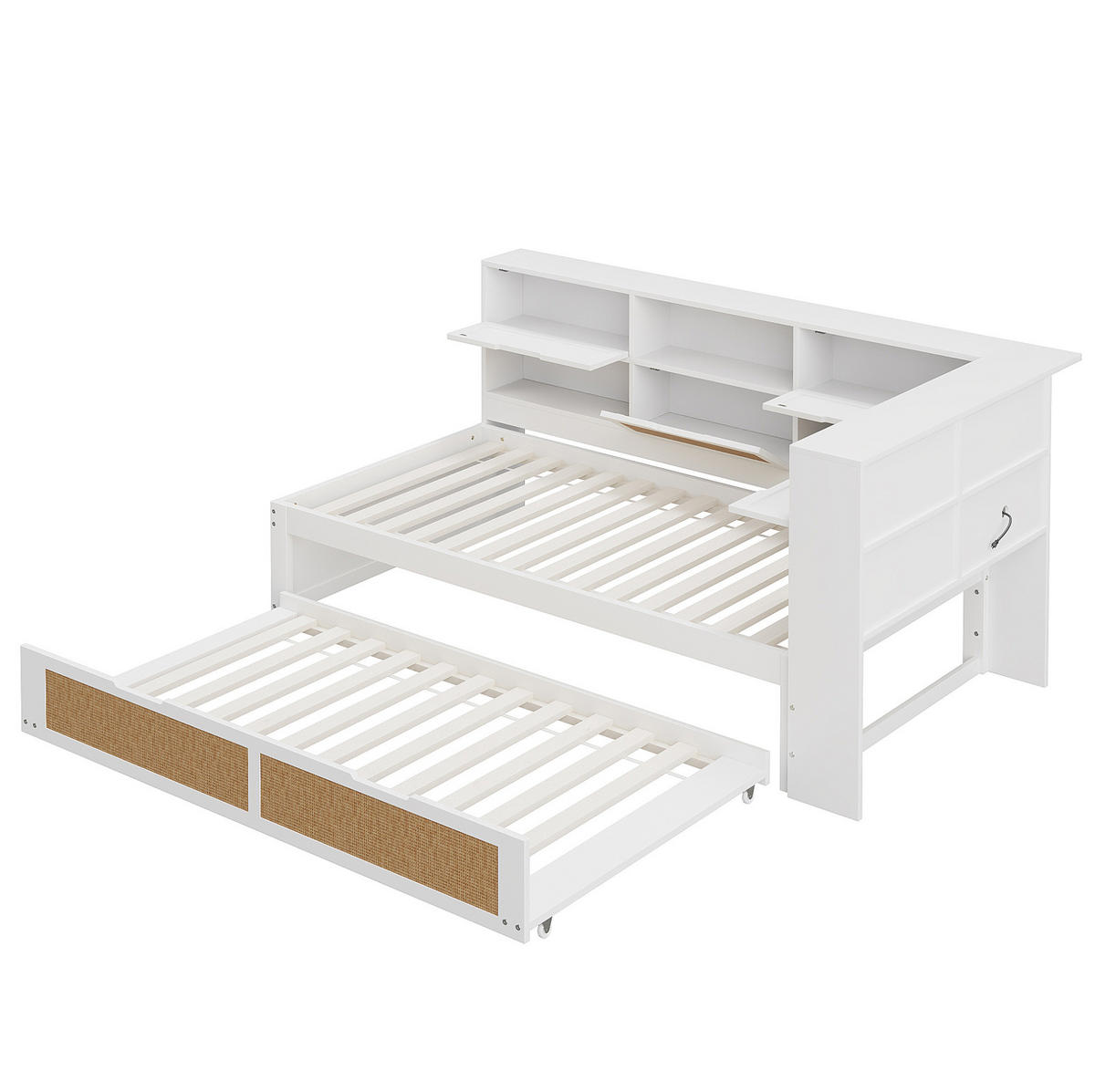 POLSTERBETT aus Massivholz 90x200 cm in Weiß mit Ausziehbett & USB-Anschluss - Weiß, Holz (90/200cm) - Modfu