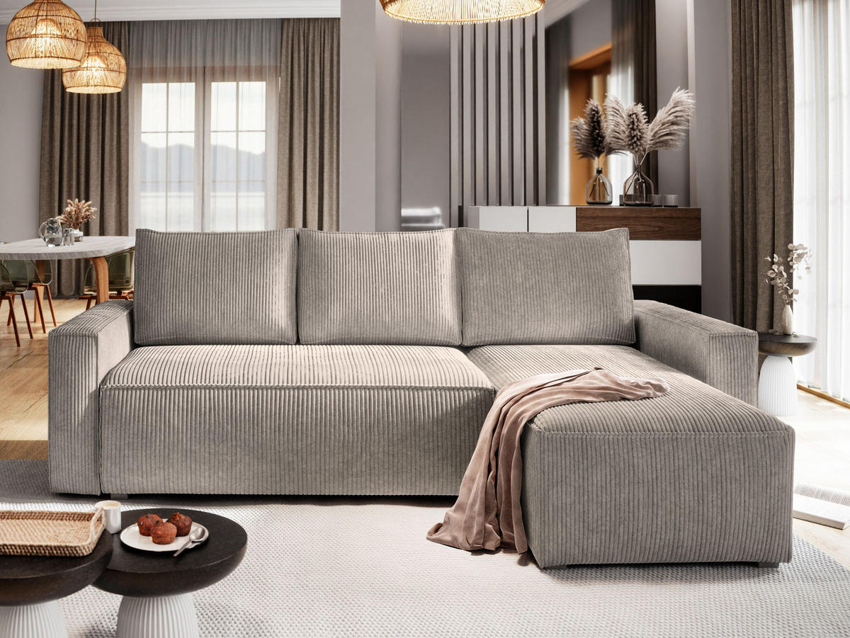 ECKSOFA POTARO Beige Kordstoff mit Schlaffunktion - Beige, Holz (232/140cm) - MASSENO